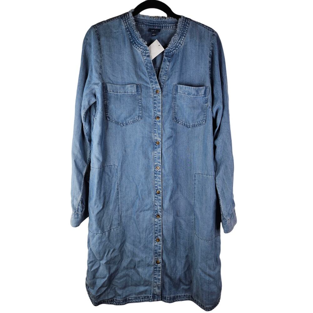 NEW J.Jill S Chambray Button Front Shirt Dress Western Coastal Cowgirl Fringe